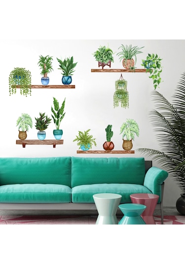 Raflı Saksılı Çiçek Tasarımlı Yapışkanlı Sticker 5060 Çok Renkli