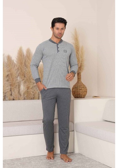 Alimer Erkek 3 Düğmeli Çizgili Desen %100 Pamuk Uzun Manşetli Kol Cepli Pijama Takımı Gri