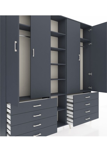 Arges Dolap 10 Raflı 8 Çekmeceli 2 Askılı 220x30x243 Antrasit-antrasit/antrasit Antrasıt/antrasıt