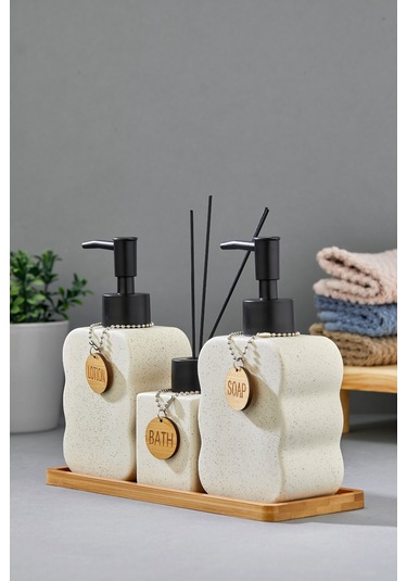 Cooker 3'lü 300 Ml Seramik Bambu Standlı Banyo Seti Ckr3883 Bej