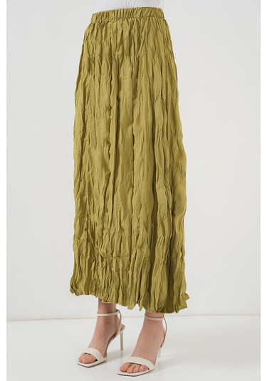 Kadın Uzun Kırışık Etek 8042 - E.yeşil Yeşil