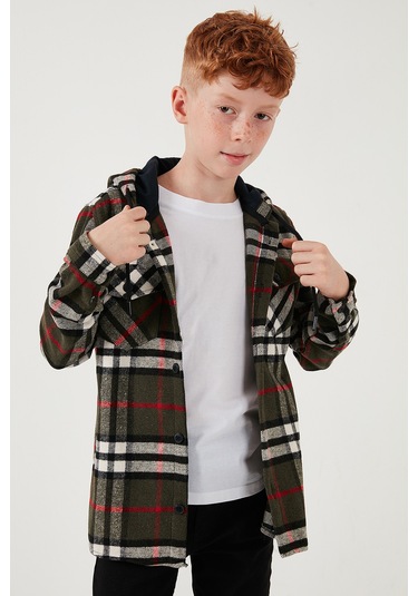 Lela Kapüşonlu Çift Cepli Ekoseli Oduncu Erkek Çocuk Gömlek Cf25W81786 Haki