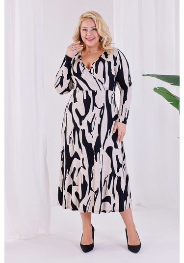 Kadın Bej Siyah Soyut Desen Kruvaze Yaka Büyük Beden Esnek Maxi Elbise Bej - Siyah