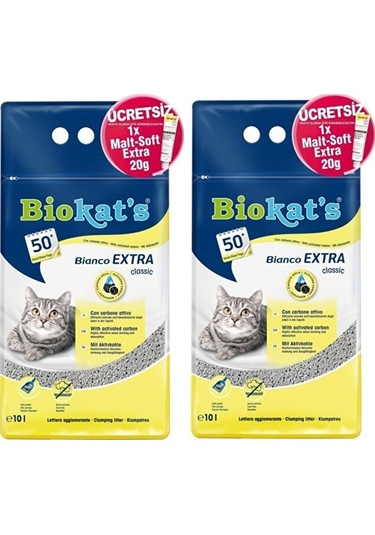Biokat's Bianco Extra Kedi Kumu 2 x 10 L + Malt Soft Extra 2 x 20 G