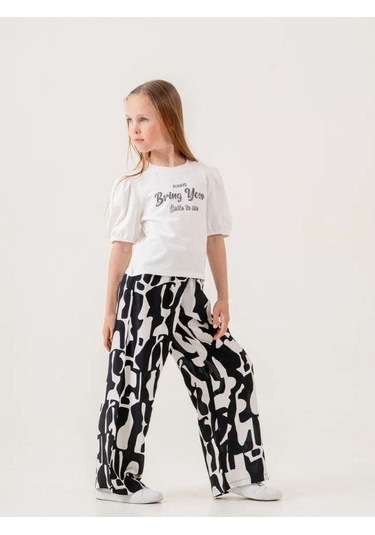Kız Çocuk Pamuklu Desenli Pantolonlu Takım-15882 Beyaz