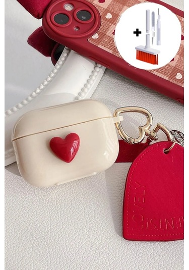 Apple Airpods 3. Nesil İle Uyumlu Kılıf Kalp Leopar Taş Kiraz Desenli Fiyok Tutmalı Kılıflar Kırmızı