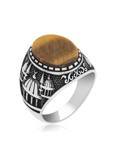 Cami Motifli Kaplan Gözü Taşlı 925 Gümüş Erkek Yüzük