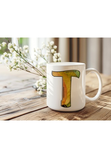 T Harf Yaprak Renkleri İle Kupa Bardak - Kişiye Özel Alfabe Harfli Bardak - Hediye Beyaz