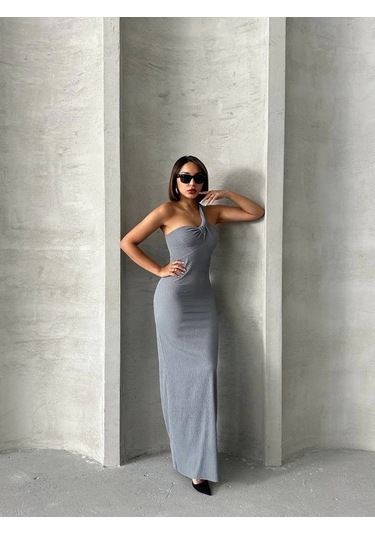 Tek Omuz Pliseli Elbise Gri