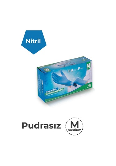 Mavi Pudrasız Nitril Muayene Eldiveni M-Has-Pet-20 Paket (Koli) 100'lü Kutu