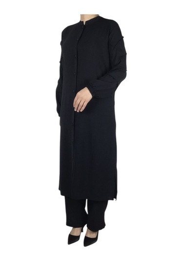 Kadın Önü Düğmeli Kolları Lastikli Pantolon Beli Lastikli Ayrobin Takım Siyah