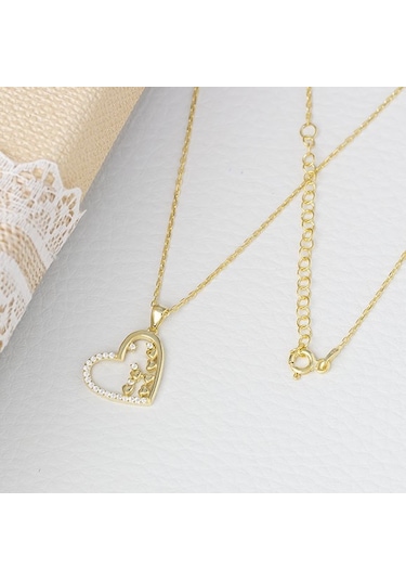 Kalp Model Minik Kalpler Detaylı Gold Rengi 925 Ayar Gümüş Kadın Kolye Gold