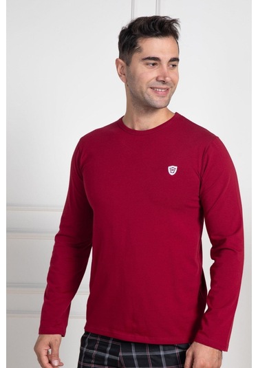 Mecit 3022 Bordo Bisiklet Yaka Uzun Kollu Likralı Pamuk Erkek Tişört Bordo