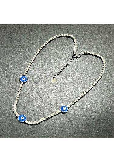 Su Yolu, Zirkon Taşlı, Nazarlı, Paslanmaz Çelik Kolye, Gümüş Renk Gümüş