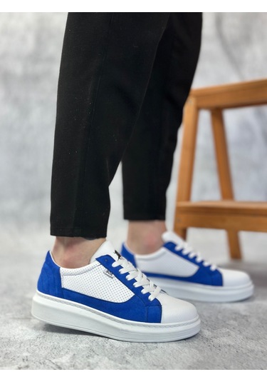 Ba0423 Boa Kalın Yüksek Taban Beyaz Mavi Bağcıklı Spor Erkek Ayakkabı Beyaz Mavi