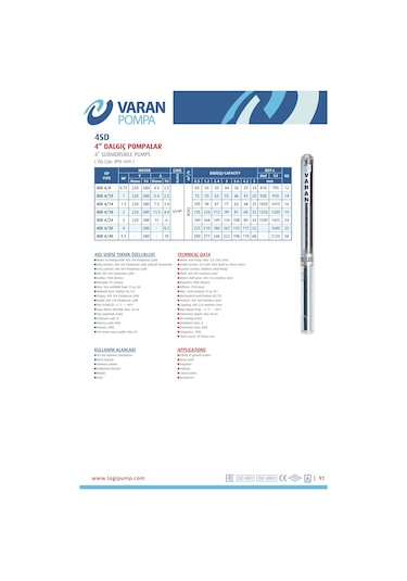 Varan 4sd 4/14 Motorlu Paslanmaz 4" Derin Kuyu Pompası 1.5 Hp / 1.1 Kw, Monofaze 220 V, 105 Mss
