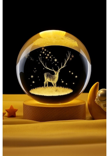 Geyik Figürlü Temalı Kristal Küre Gün Işığı Ledli Usb'li Ahşap Standlı 3d Oda Masa Ve Gece Lambası Renkli