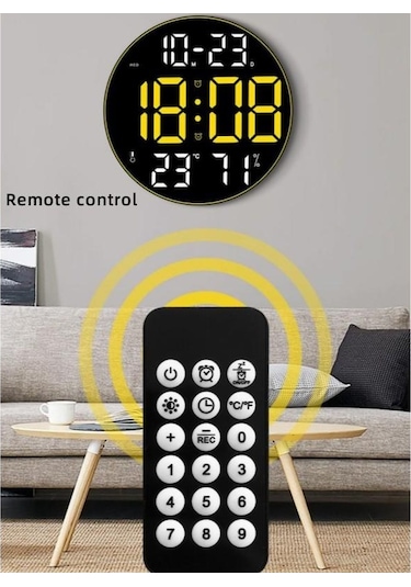 Mavi 12 İnç Duvar Saati Renkli Ortam Işığı Dijital Saat Uzaktan Kumanda Büyük Ekran Oturma Odası Çift Alarm Led Çalar Saat Mavi