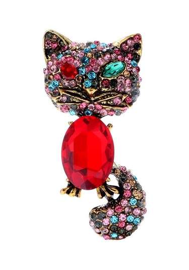 Blucome Rhinestone Ve Kristal Göz Kırpan Kedi Broş Vintage Hayvan Pin Mevcut Kış Moda Takı Yeni Yıl 2023 Kırmızı