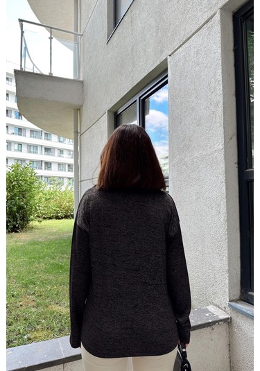 Kadın Antrasit Polo Yaka Basic Bluz, Uzun Kol, Regular Kesim, Günlük Ve Spor Sweatshirt Antrasit