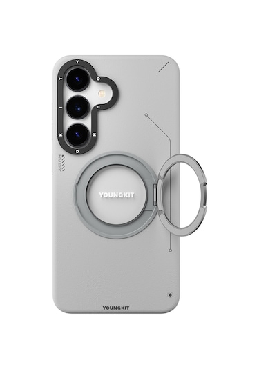 Galaxy S25 Kılıf Magsafe Uyumlu 360 Standlı Mat Deri Desenli Youngkit Tech Leather Kapak Gri