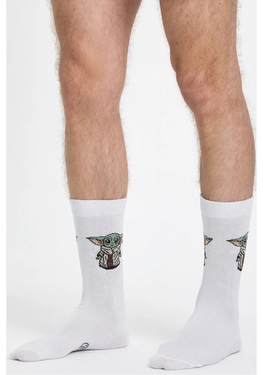 Erkek Pamuklu Özel Desenli Dikişsiz Yumuşak Dokulu Terletmez Rahat Esnek Soket Çorap Beyaz-yoda