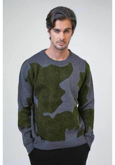 Antrasit Regular Fit Yeşil Desenli Bisiklet Yaka Triko Kazak-antrasit Antrasit