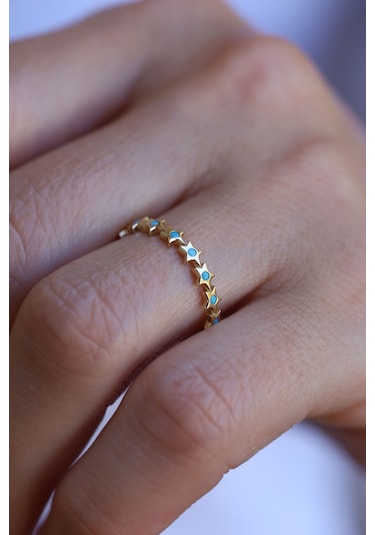 Yenigün Kuyumculuk 14 Ayar Altın Firuze Taş Detaylı Yıldız Dizisi Yüzük Yzk26055