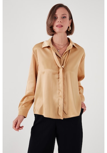 Lela Regular Fit Bağlama Detaylı Saten Bayan Gömlek 611Go00159 Gold