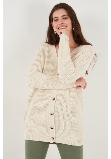 Lela Regular Fit V Yaka Düğmeli Triko Örme Uzun Bayan Hırka 4615044 Taş