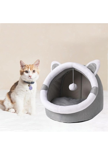 Mufunye Kapalı Kedi Yatakları Kedi Evi Kapşonlu Mağara Tasarımı Peluş Yastıklı Dört Mevsim Evrensel
