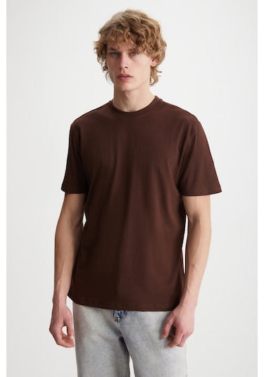 Mıchel Erkek Slim Fit Dar Kesim %100 Organik Pamuklu Yana Kayan Dikişli Basic Örme Acı Kahve T-shir