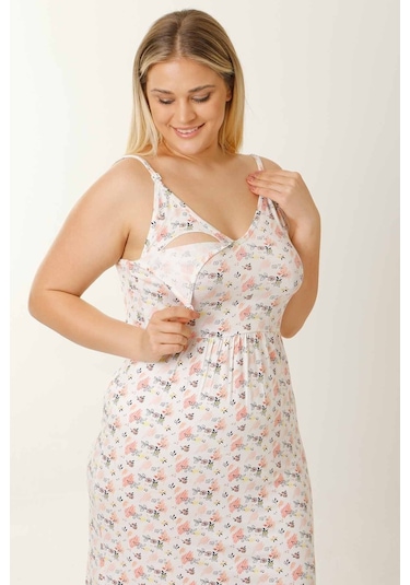 Parlingerie Hamile Lohusa Geceliği İp Askılı Çiçekli Ekru