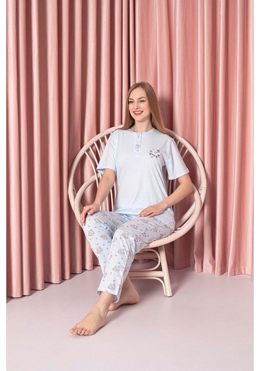 Ahengim Kadın Pijama Takımı Süprem Kısa Kollu Çiçek Desenli Pamuklu W30062330 Mavi