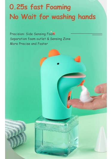 Xurunkeji Çocuklar İçin Otomatik Sabunluk Temassız El Sabunu Dağıtıcısı Banyo Tezgahı İçin Sevimli Dinozor Köpük Dağıtıcısı Yeşil