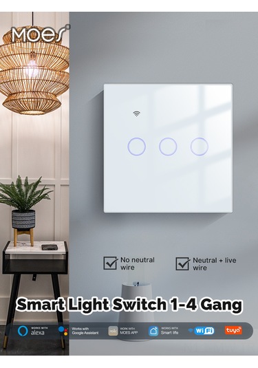 Moveevo Moeshouse Akıllı Anahtar 2 Yollu Avrupa Stili - Wifi + Ble Bağlantı, Uzak Kumanda, Zamanlayıcı, Ses Kontrolü, Tek Ve Sıfır Ateş Uyumlu Beyaz