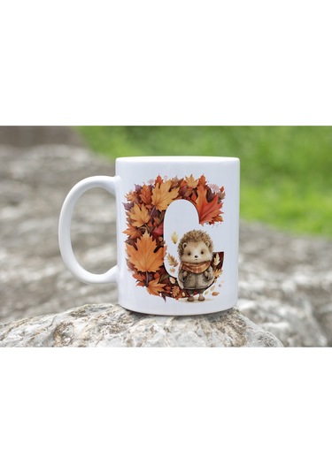 C Harf Sonbahar Yaprak Temalı Kupa Bardak - Sevimli Figürler İle Alfabe Harfli Bardak - Kişiye Özel Beyaz