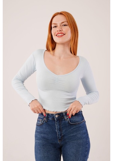 Geniş Yaka Bebe Mavisi Basic Body Bluz Renkli