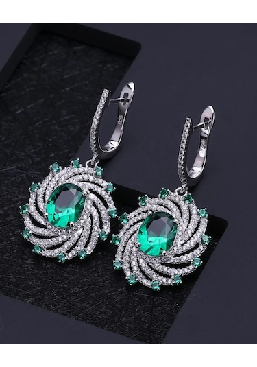 Brezza Lusso Jewelry Zümrüt Oval Taşlı Luxury Vintage Kadın Gümüş Kolye Küpe Set