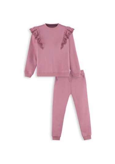 Denokids Fırfırlı Kız Çocuk Eşofman Takımı - Gül Kurusu