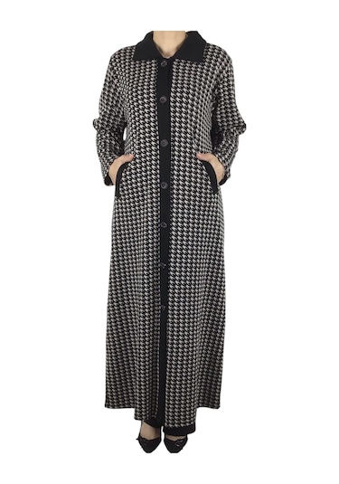 Kadın Desenli Önü Düğmeli Cepli Çelik Örgü Pardesü Siyah