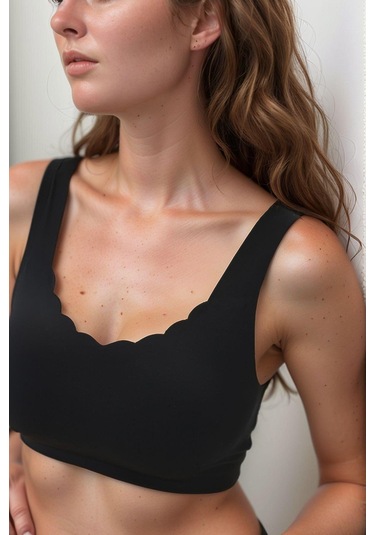 Siyah Dikişsiz Lazer Kesim Sütyen Pedli Kadın Hayalet Sütyen Dalga Detaylı Siyah