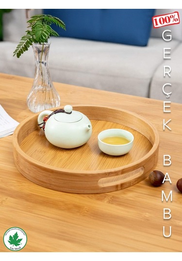 Yuvarlak Bambu Tepsi, Kulplu Sunum Tepsisi, Servis Tepsisi, Kahve Tepsisi, Keyif Tepsisi, Modern Tahta Tepsi - 30 Cm Bambu