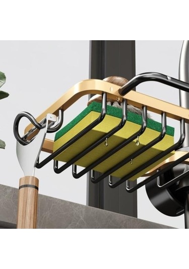 Novahub Siyah Altın Mutfak Lavabo Drenaj Rafı, Musluk Tutucu, Sünger Ve Fırça Organizatör, Banyo Ve Mutfak İçin/ Altın - Siyah