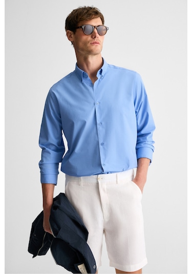 RISTO Erkek Düğmeli Yıkama Sonrası Ütü İhtiyacını En Aza İndiren Kumaş Gömlek Yaka Manşetli Koyu Mav