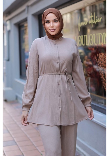 Hakim Yaka Detaylı Tesettür Vizon Takım Vizon