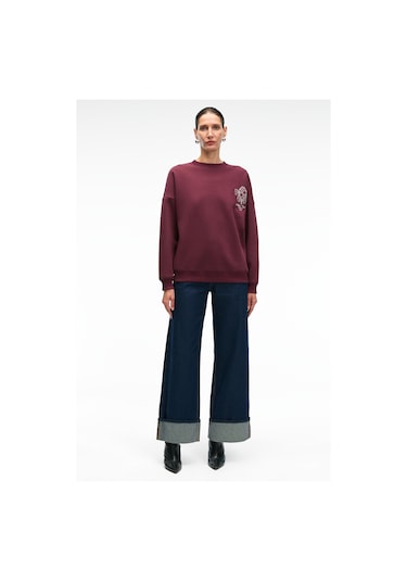 AUDRA Kadın Oversize Yuvarlak Yaka Nakış Detaylı Bordo Sweatshirt