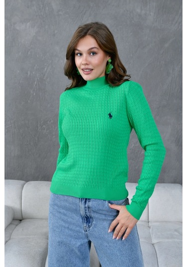Kadın Dik Yaka Saç Örgü Nakış Detaylı Triko Kazak Yeşil