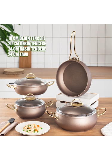 Lines L-5094-2 Yonca Güveç 7 Parça Tencere Seti Bakır Altın Kulp