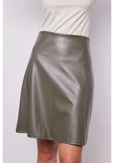 Kadın Hafif Likralı Deri Yüksek Bel Diz Boy Çan Etek-haki Haki